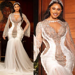 Luxurious Plus Size Aso Ebi Wedding Dresses Mermaid Illusion Sexy Tulle Long Sleeves Elegant Bridal Gowns for African Black WomenDress for Brides Arabic Shine D090