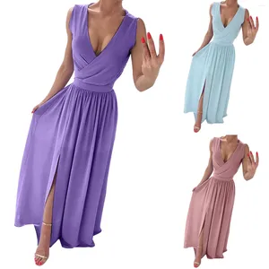 Casual Dresses V-Neck Low Cut Sexy Dress Women Sleeveless Solid Color Tie Waist Long Split Ladies Fit And Flare Party Vestidos