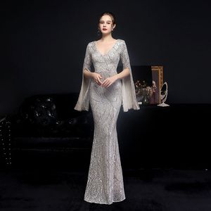 은빛 스팽글 이브닝 드레스 v 넥 여자 우아한 인어 맥시 댄스 파티 파티 가운 Abendkleider Robe de Soiree restidos