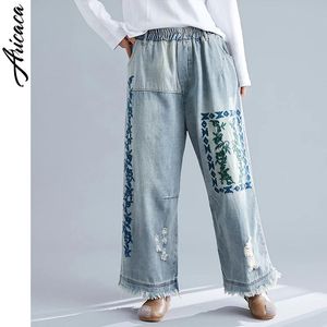 Джинсы Aricaca, винтажные свободные женские джинсовые брюки с карманами, женские эластичные джинсы в готическом стиле, брюки с вышивкой и принтом