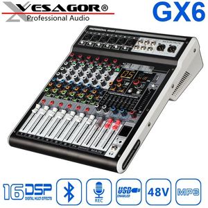 Mixer Mixer Audio DJ Audio USB Mixer GX6 6CH REVERB 16DSP 48V Phantom Digital Display Bluetooth PC -gränssnitt Inspelning Mixing Console