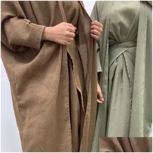 Ethnic Clothing 3Pcs Muslim Abaya Set Matching Inner Dress Kimono For Women Linene Modest Long Open Wrap Skirt Islam Clothes Drop Deli Dhdvl