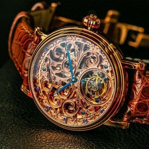 Nuovo orologio meccanico da uomo con cinturino in coccodrillo Tourbillon completamente automatico con specchio scavato a doppia faccia e tendenza di lusso leggero