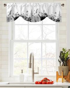 Curtain Abstract Leaves Plant Black And White Window Living Room Kitchen Cabinet Tie-up Valance Rod Pocket