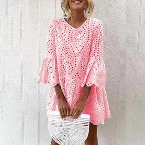 Casual Dresses Shirt Dress Elegant Retro V-neck 3/4 Flared Sleeve Mini Hollow Out Ruffle Hem Loose Fit Short Streetwear