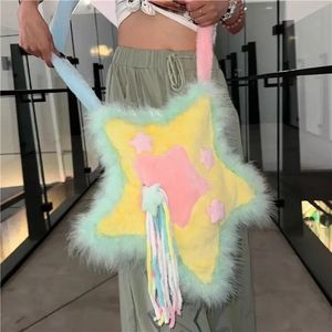 Evening Bags Xiuya Y2k Shoulder Bag for Women Star Shape Applique Tassel Soft Plush Shoulder Bag Sweet Cool Gothic Fashion Designers Handbag 231219