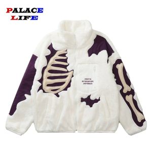 Men's Jackets Hip Hop Fleece Warm Jacket Men Embroidery Skull Skeleton Bones Patch Lambswool Fuzzy Fluffy Coats Parka Harajuku Thicken Jackets 231219