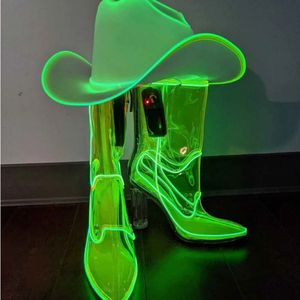 Ut förbi midnatt cowboy stövlar glans spetsiga tå transparenta höga klackar neon vattentäta partier rosa vita skor 231220