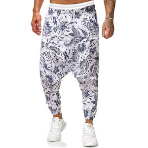 Pantaloni da uomo 2023 Pittura a inchiostro Stampato in cotone sciolto e lino Stampa Bouquet di fiori Piedi Large Mens Straight 4 Year H Apparel