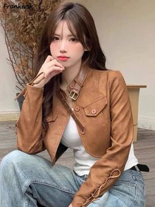 Jaquetas de couro Faux Court de couro feminino Mulheres Maillard Moto Biker Retro American Style Spring Autumn Solid Criss-Cross Fashion High Street Estética 231220