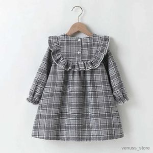 Mädchenkleider Herbst Winter 2022 Neuankömmlinge Mädchen süße Kleider Langarm grau kares schwarzer Bogen süßes süßes Babykleid Vestidos 18m-6t