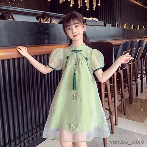 Girl's Dresses Modern Cheong-Sam Dress for Girls Summer Green Princess Children Qi Pao Clothes New Style Teenager Party Birthday Dress 4-14T