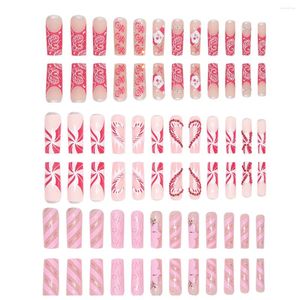 False Nails 24Pcs Press On Long Coffin Fake Full Cover Acrylic Nail Tips Stick For Women Christmas Decorations