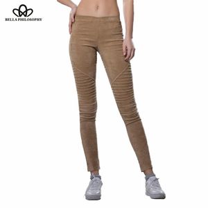 Capris Bella Philosophy Autumn Winter Faux Suede Leggins Fold High Taist Retro Elastyczne Elasty Slim Women Pencil Pants Plus Size