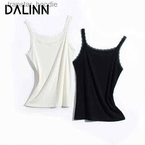 Kvinntankar Camis Woman Casual Camisoles 30%Silk 70%Cotton Spets Neck Slest Mysig T -skjorta Vitt svart 2023 Spring Summer Sticked Vest Dalinn L231220