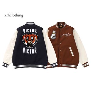 baseball jacket Fashion Brand Human Made PU Leather Sleeve Woolen with Dog Pattern Baseball Cotton Jacket for Men and Women