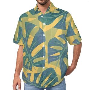 Freizeithemden für Herren Plam Leaf Loose Shirt Herren Urlaub Blau und Gelb Hawaii Design Kurzarm Retro Übergroße Blusen