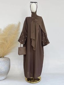 Etnisk klädmåne broderi abaya tunn linne effekt tyg batwing ärmar kimono muslimska kvinnor dubai islamisk kofta mantel