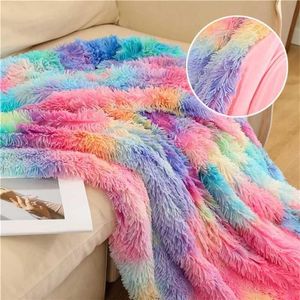 Double Layer Blanket Winter Cozy Warm Long Plush Rainbow Throw Blanket For Sofa Bed Colorful Furry Fluffy Tie Dye Bedspread 211227302V