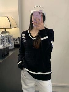 C knit sweater new solid color high-grade embroidery V-neck long sleeve fashion all-match top