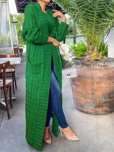 Kintted hırka kadınlar uzun ceket sonbahar bahar yeşil tığ işi gevşek uzun kollu kış kazak sıcak jumper ceket hırka 231220