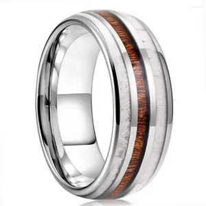 Bröllopsringar Fashion Silver Color Men's rostfritt stål KOA Trähjort Antler Inlay Dome Engagement för män Kvinnor smycken