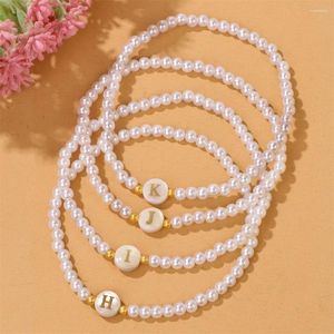 Strand 4mm Round Pearls Beaded Bracelet 26 Alphabet Letter Shell Charm Bracelets A-Z Initial For Women Female