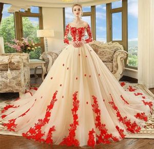 Champagne A-Line Abito da sposa Donna 2024 Scoop Applicazioni di pizzo rosso Manica 3/4 Tulle Abito da sposa da sposa Vestido De Novia Customed