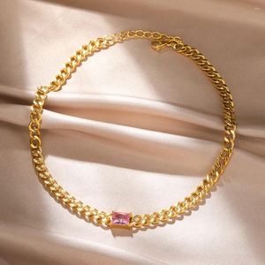 Collane con ciondolo Delicato piccolo quadrato rosa pietra girocollo collane per gioielli da donna catena cubana in acciaio inossidabile collana clavicola regali per le donne