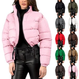 Jaquetas femininas casacos de inverno recortados puffer zip up gola bolsos de couro casual para mulheres coletes de outono