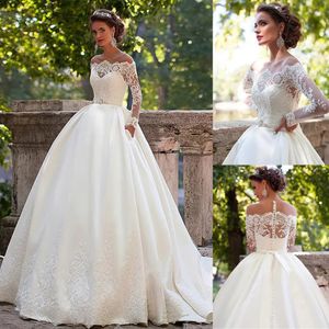 Stunningbride 2024 Stunning Tulle Sheer Jewel Neckline Ball Wedding Dresses with Belt Luxury Appliques Lace Long Sleeves Bridal Gown