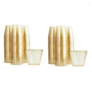 Disposable Cups Straws Gold Plastic Clear Wine Glasses Fancy Hard With Glitter For Party 100Pcs