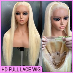 Malaysian Brazilian Peruvian Indian Raw Virgin Human Hair 12A Grade 613 Blond Silky Straight HD Full Lace Wig