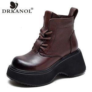 Stivali DRKANOL Donna Stivaletti con zeppa Tacco Autunno Inverno Caldo Piattaforma robusta Altezza crescente Stivali in vera pelle fatti a mano retrò 231219