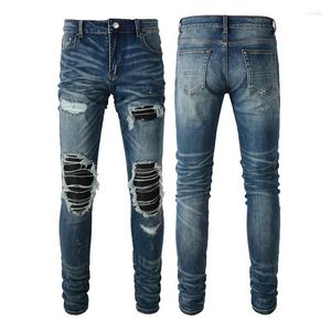 Jeans masculinos high street moda homens retro azul elástico magro buraco rasgado designer de couro marca hip hop calças hombre