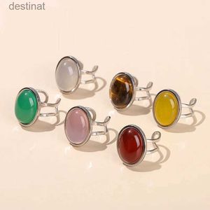 Solitaire Ring 12pcs Oval Natural Steel Steel Rings Open Women Boho Green Aventurine Vicates reiki altical Crystal Jewelryl231220