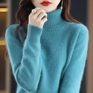 Kvinnors tröjor Autumn and Winter Sweater 100% Mink Cashmere High Neck Sticke Pullover Korean Fashion Soft Top 231219