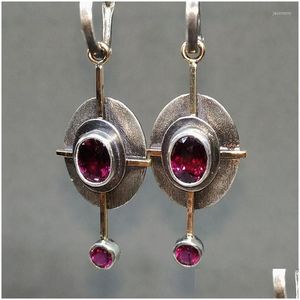 Baumelnde Kronleuchter-Ohrringe, Vintage-Stil, roter Kristallstein für Frauen, Tribal-Kreuz-Design, oval, antikes Metall, Statement-Drop-Lieferung Dhqhy