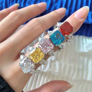 Top Quality 925 sterling silver luxurious jewelry rings 8A ice flowers zirconia designer ring for woman square Pink Blue White Dia225N