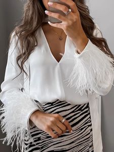 Women's Spring and Autumn Feather Decorative Shirt Long sleeved V-neck Solid Color Casual Party Street Top with White Scarf 231220