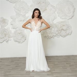 Abiti da sposa in chiffon trasparente con applicazioni di fiori scollo a V abiti da sposa casual per le donne Robe De Mariee semplice abito da sposa da spiaggia su misura