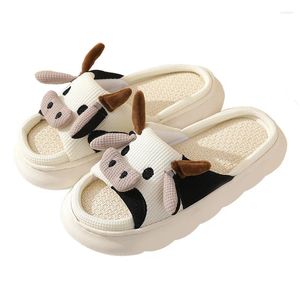 Slippers Four Seasons Linen Men Women Animal Slides Adults Couples Cute Milk Cow Home Soft Cartoon Casual House Indoor