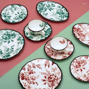 Placas de porcelana de osso europeu impressão antiga borda preta cerâmica placa de jantar sobremesa xícara de café utensílios de cozinha presente