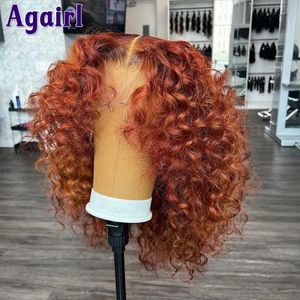 Perucas sintéticas laranja marrom 13x6 profundo encaracolado curto bob perucas de cabelo humano 13x4 onda de água laço frontal bob perucas marrom avermelhado 5x5 perucas de fechamento de renda 231219