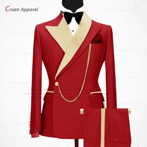 Fashion Red Men Suits Slim Fit Luxury Business Evening Dinner Wedding Tuxedos Shiny Lapel Blazer Pants 2 Piece Custom Jacket Set 231220