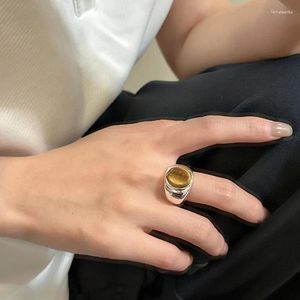 Cluster Rings S925 Sterling Silver Korean Minority Design Sense Tiger Eye Stone Ring Enkel Fashion Personlighet