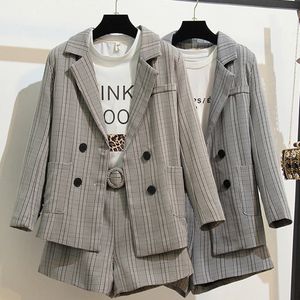 Kadınlar İki Parçalı Pantolon Çalışmak Moda 2 Parça Kadınlar Çifte Kesilmiş Ekose Blazer Ceket Şort Ofis Leydi Takım Feminino İki Parçalı Kıyafet 231219