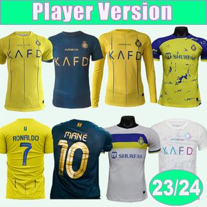 2023 24 Al Nassr Mens Player Versão Futebol Jerseys Manga Longa RONALDO Home Versão Amarela Away 3º Treinamento Wear Camisa Mangas Curtas Uniformes Adultos