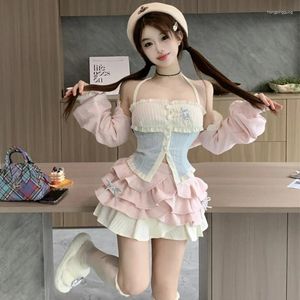 Arbetsklänningar hösten kawaii lolita stil 3 stycke klänning set kvinnor söt smal bodycon y2k gröda toppar rosa minikjol söta koreanska kostymer