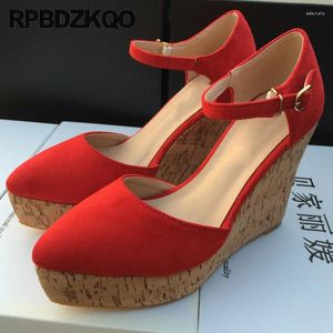 Dress Shoes Women Platform Ultra Wedges High Heels Pumps Wooden Sandals Pointed Toe Nubuck 33 Ankle Strap Closed Fetish Small Size